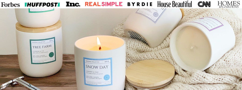 nordic inspired white ceramic candles with bamboo lids - holiday collection