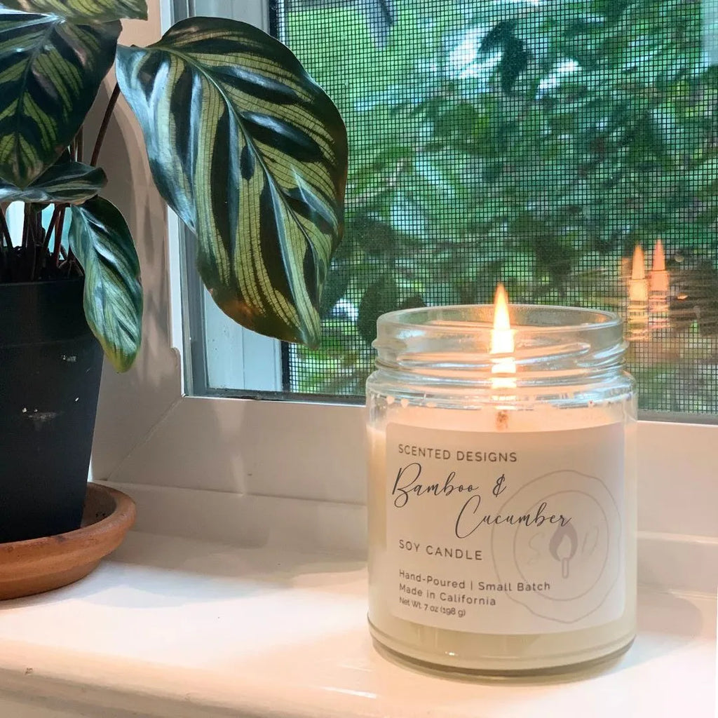 calming bamboo candle with plant